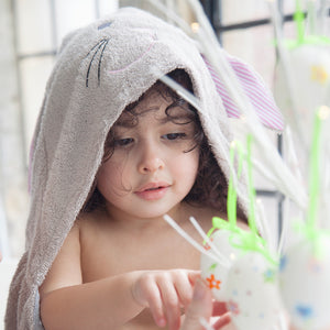 bunny rabbit towel with ears and tail for age 1, age 2. age 3 made with bamboo